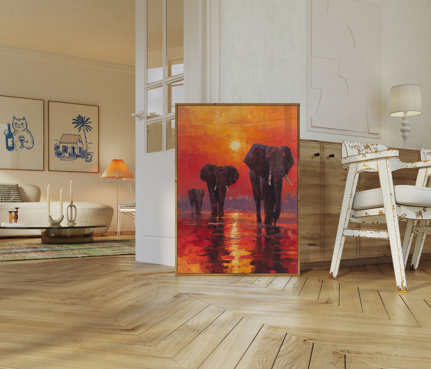 Affiche d'Éléphants d'Afrique au Coucher de Soleil