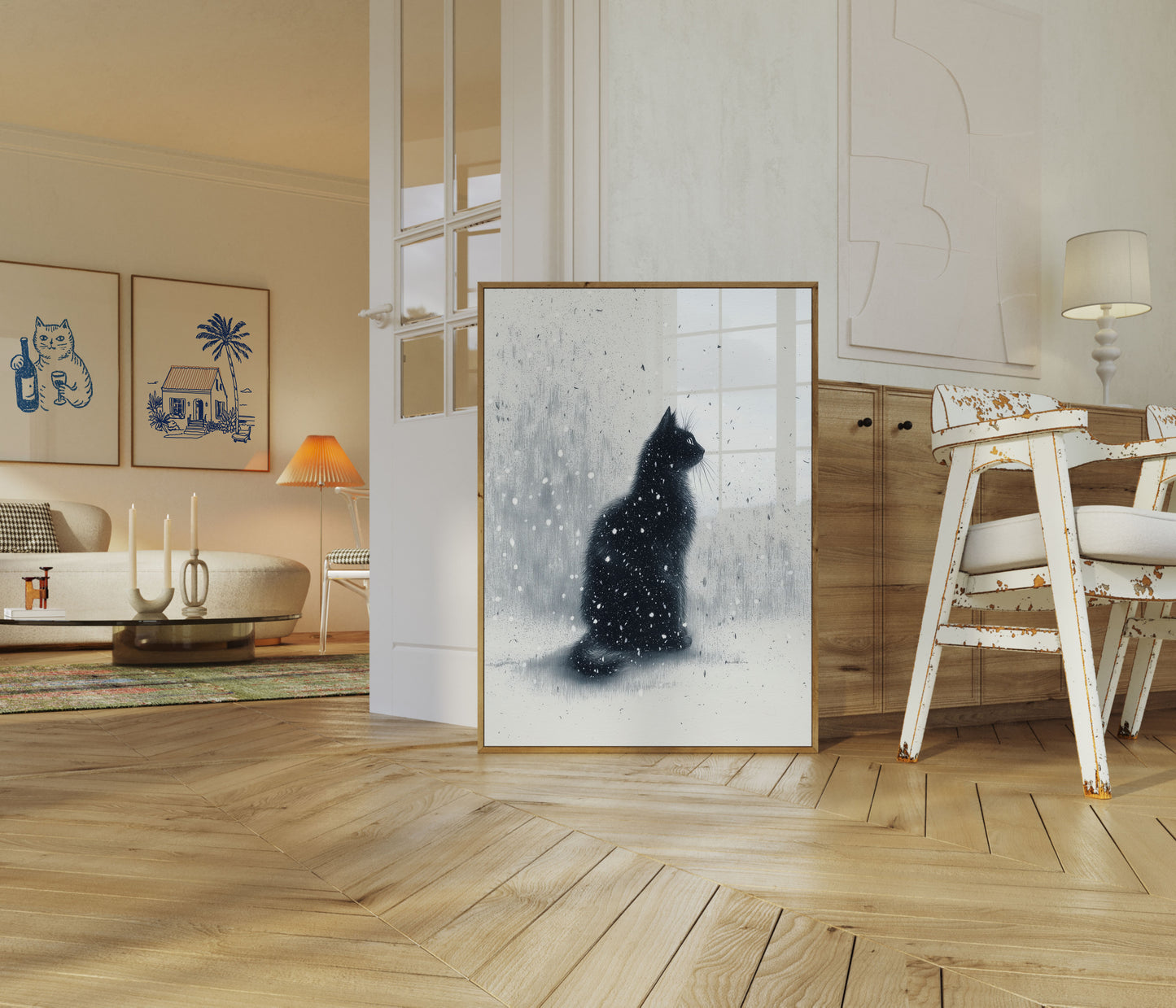 Póster de Gato Negro en Nieve de Invierno