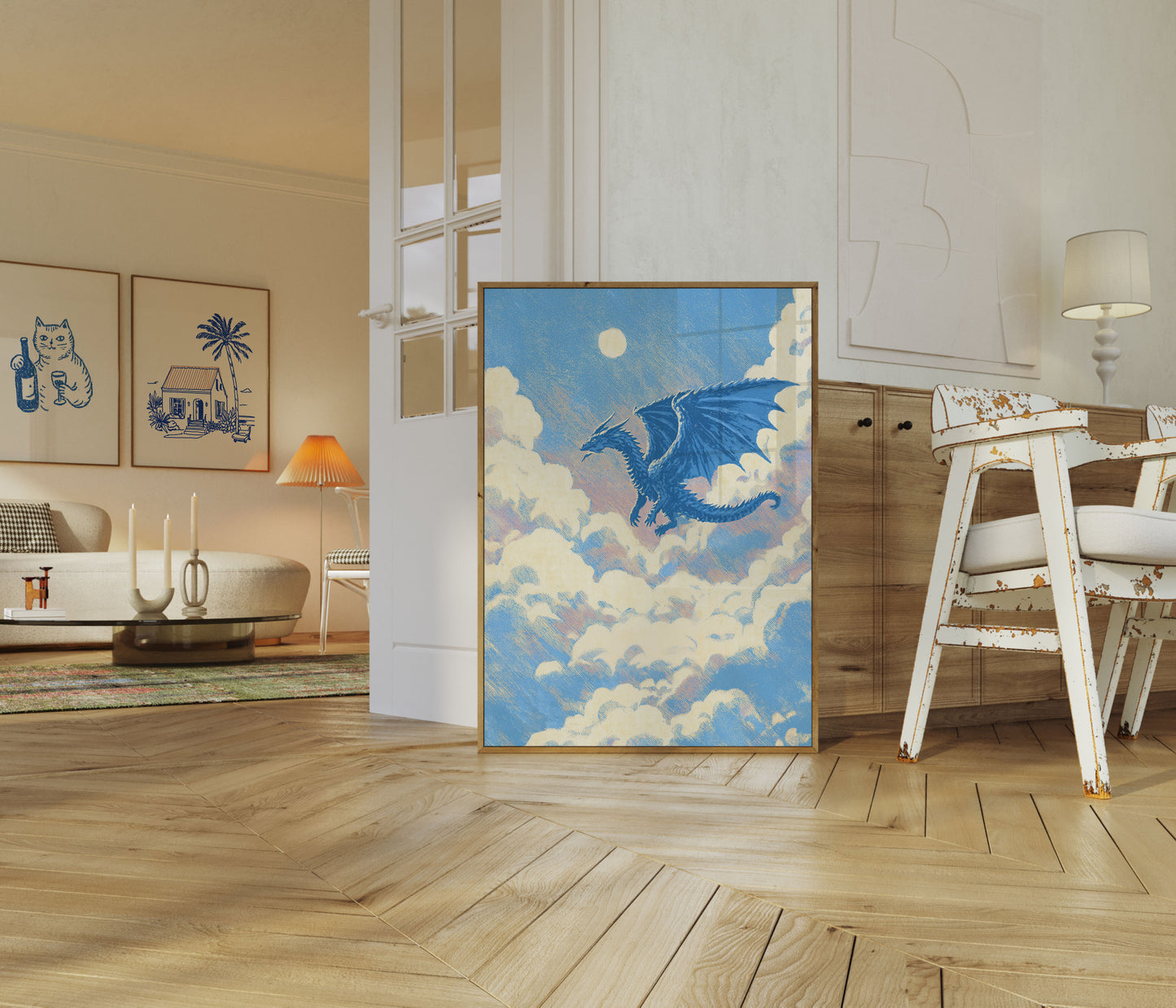 Blauer Drache segelt durch Wolken Poster