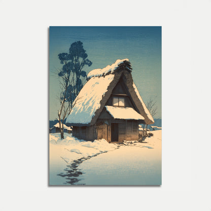 Snöig stuga vinterlandskapaffisch
