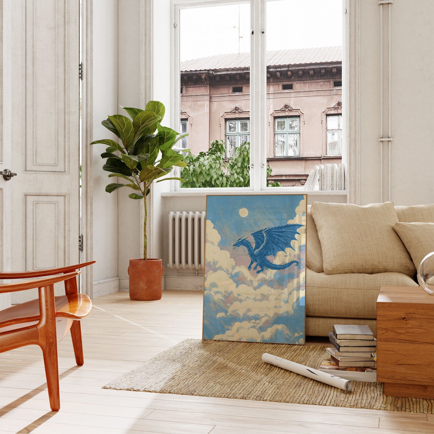 Blauer Drache segelt durch Wolken Poster