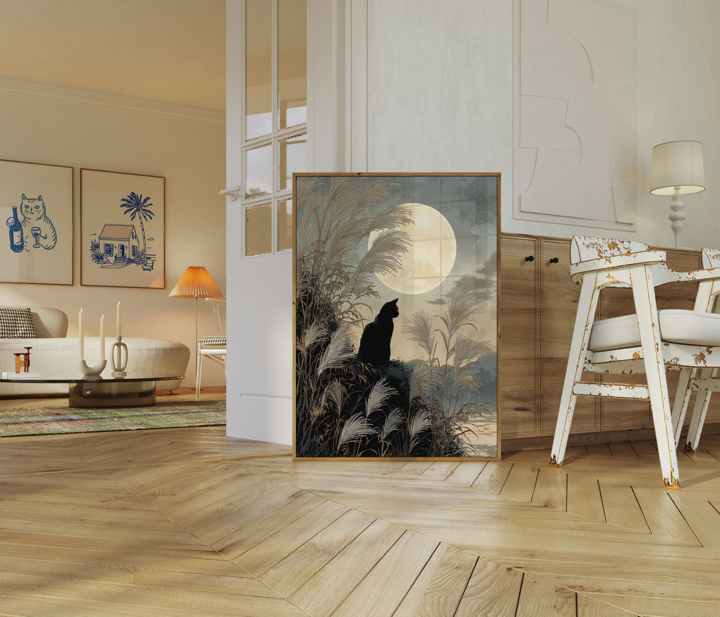 Cat Gazing at Full Moon Poster