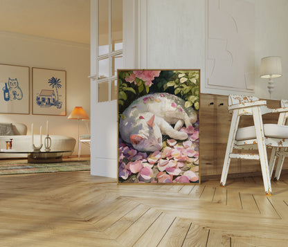 Affiche Chat Blanc Parmi les Fleurs Roses