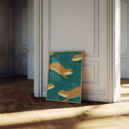 Lontre che nuotano in acqua turchese - Poster