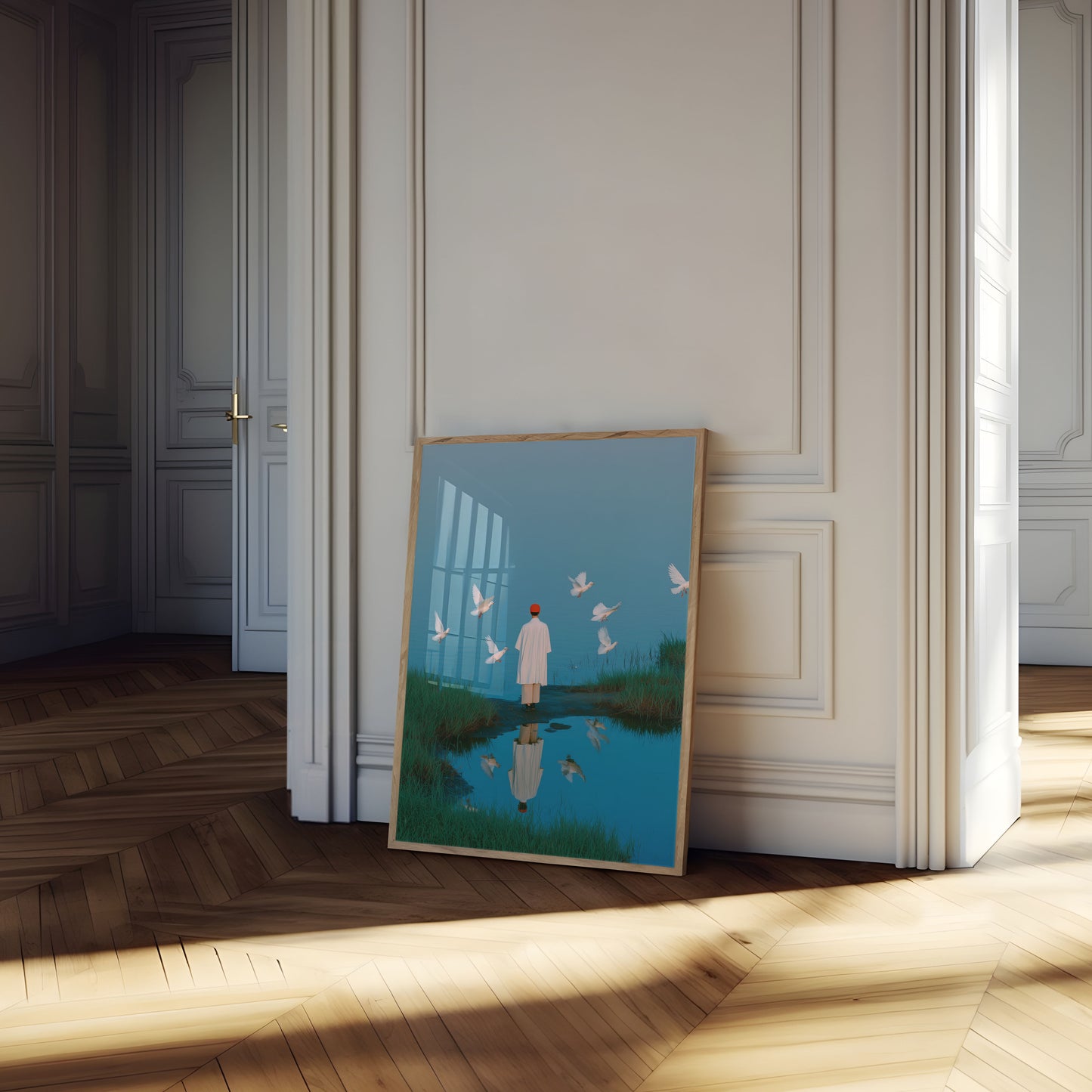 Woman with Flying Doves Poster