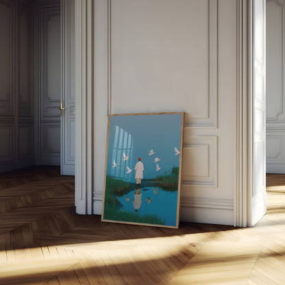 Woman with Flying Doves Poster