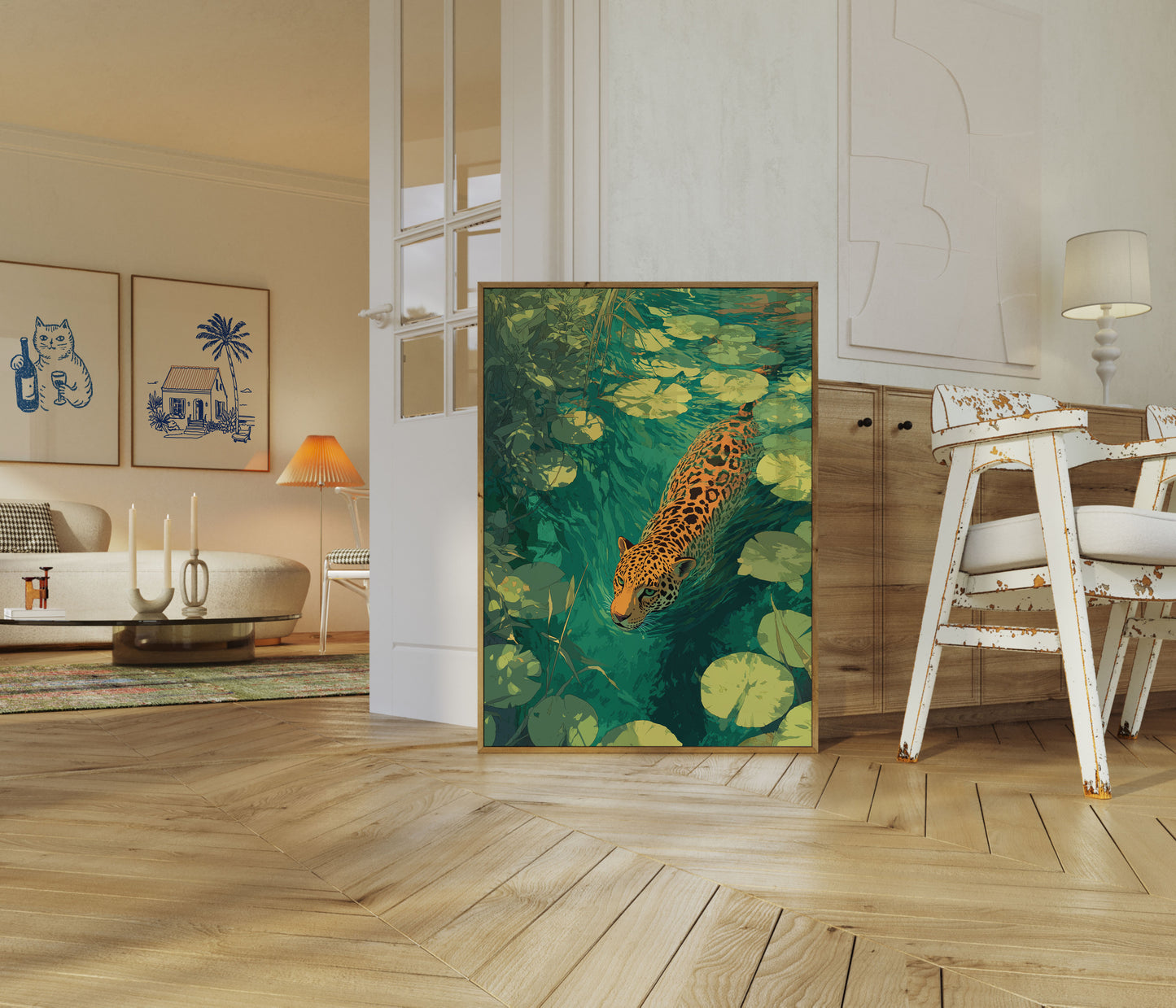 Jaguar Swimming Lily Pond Poster