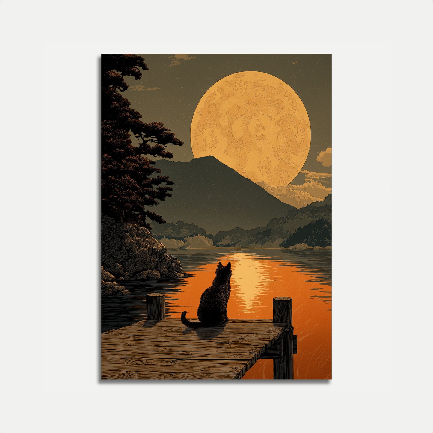 Cartel de Gato Mirando la Luna Gigante