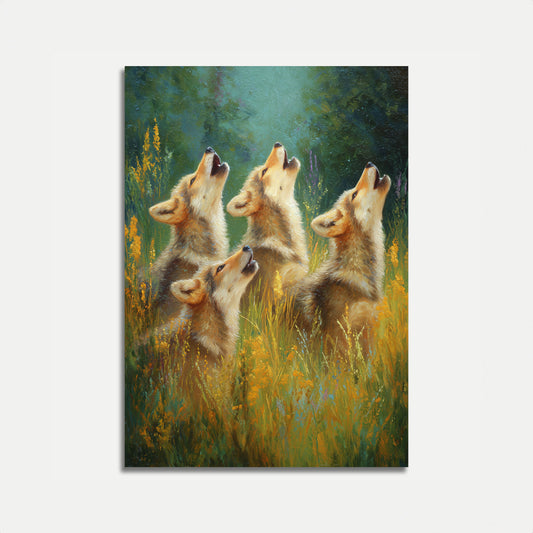 Plakát s vlky vylejícími si v louce