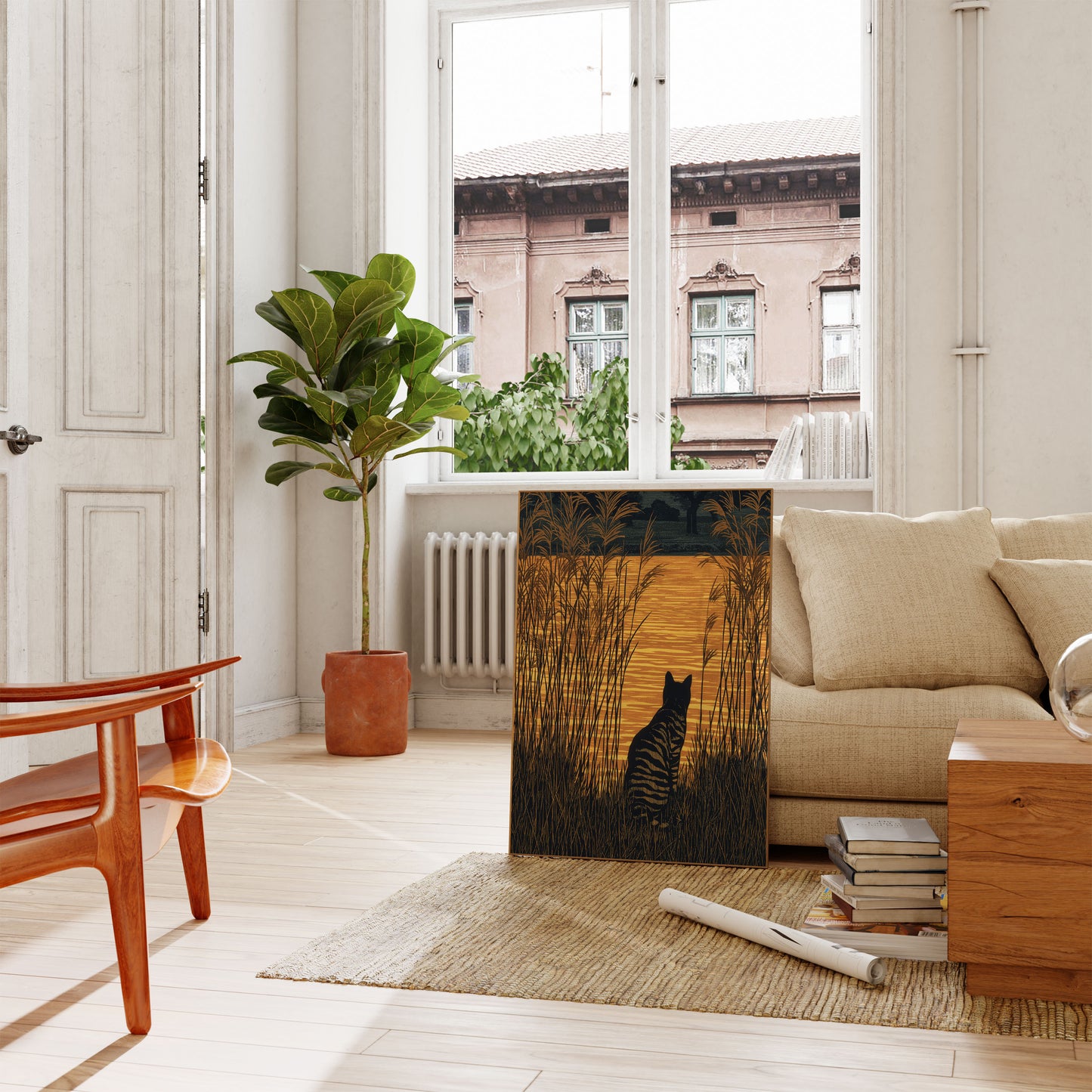 Cat Watching Golden Sunset Poster