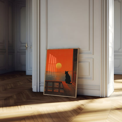 Black Cat Sunset Silhouette Poster
