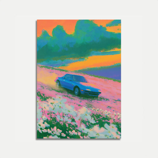 Blue Car in Wildflower Field Poster