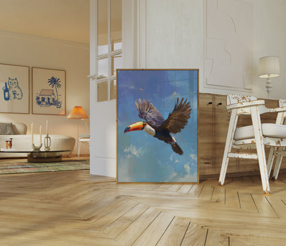 Flying Toucan in Blue Sky Poster