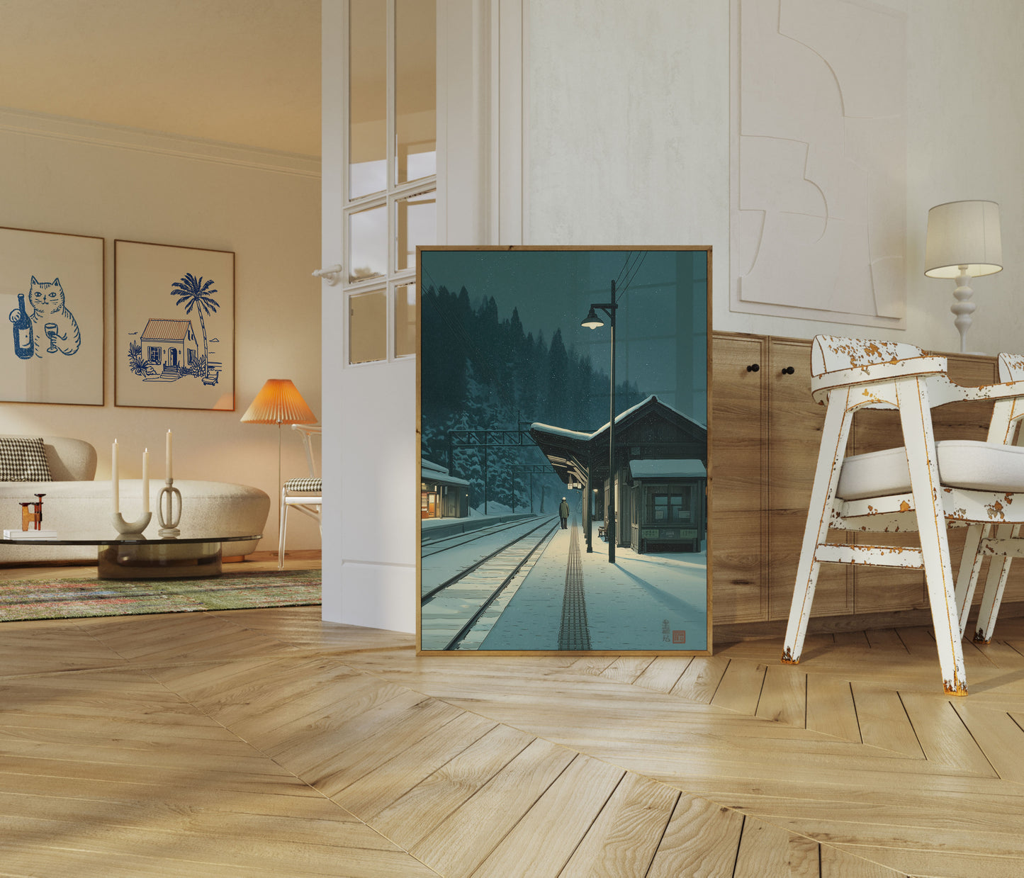 Snowy Railway Station Night Poster