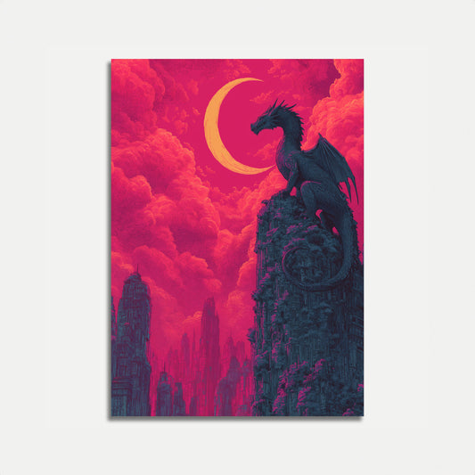Crimson Moon Dragon Cityscape Poster