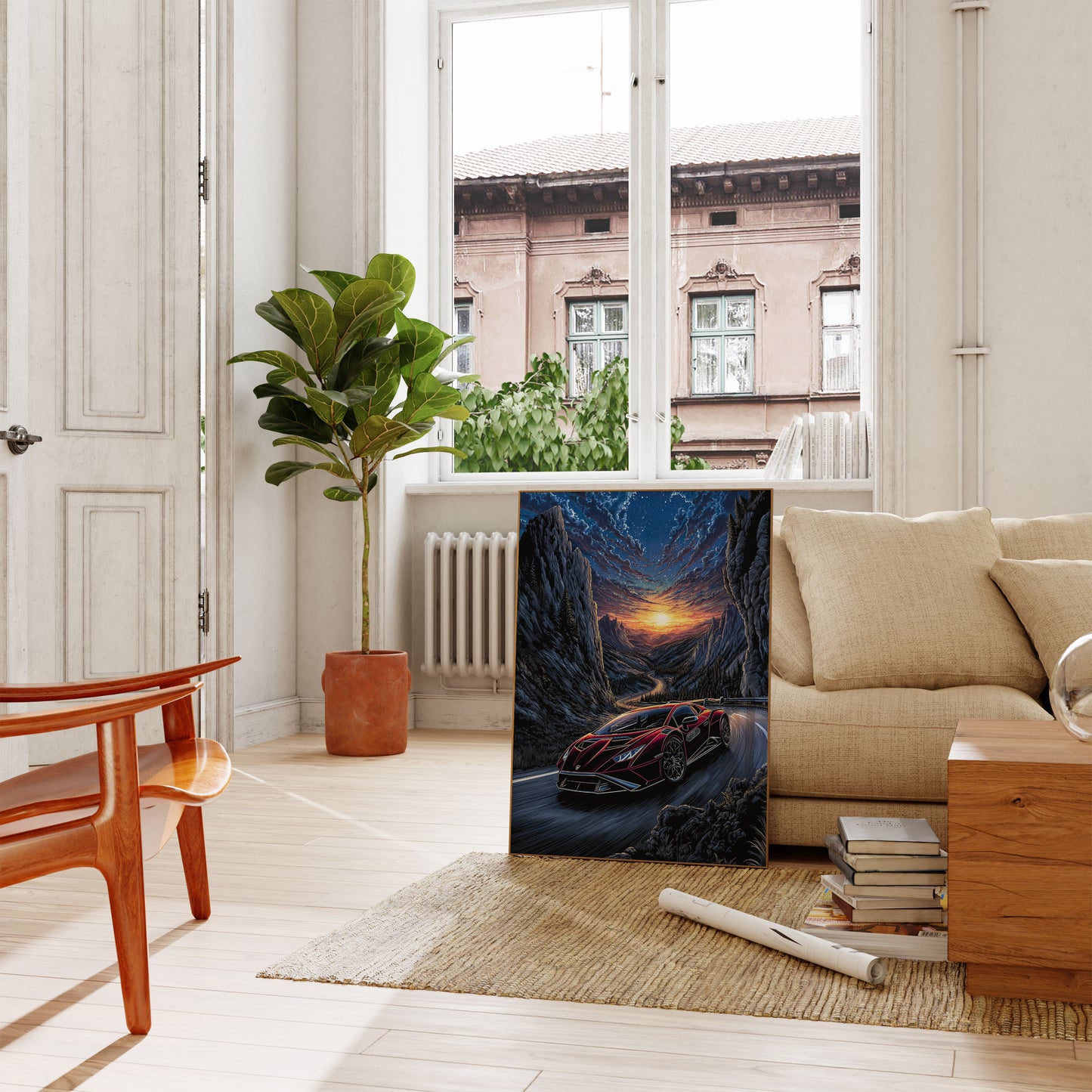 Mountain Sunset Sports Car Poster