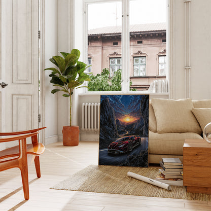 Mountain Sunset Sports Car Poster