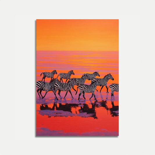 Zebras at Sunset Watering Hole Poster