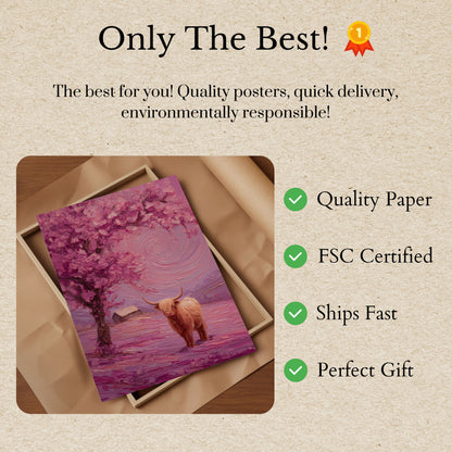Highland Cattle in Pink Landscape Poster