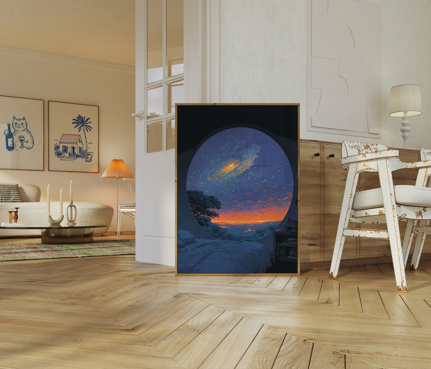 Nebeský západ slunce oknem Plakát