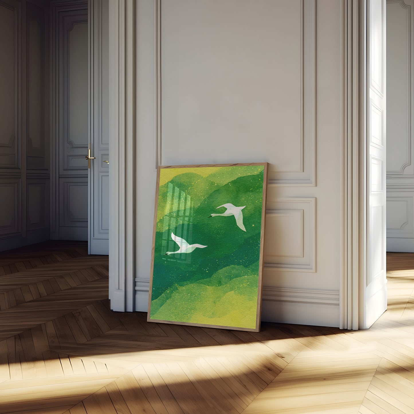 Flying Swans Over Green Waters Poster