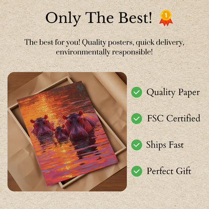 Hippos in Golden Sunset Poster