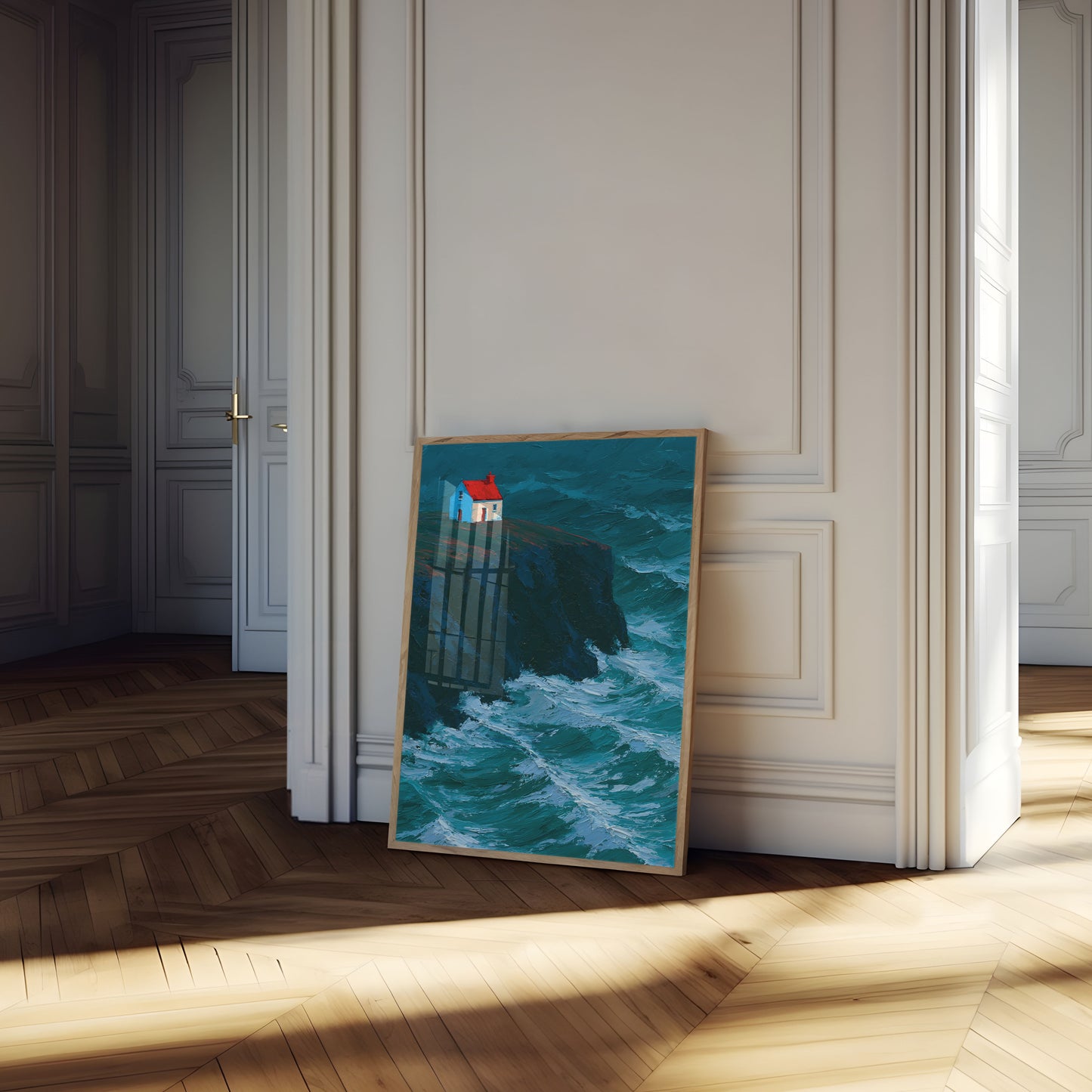 Coastal House Crashing Waves Poster