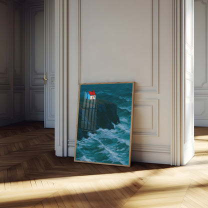 Coastal House Crashing Waves Poster