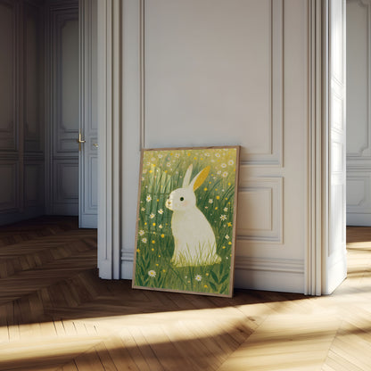 Affiche : Lapin Blanc dans une Prairie Fleurie
