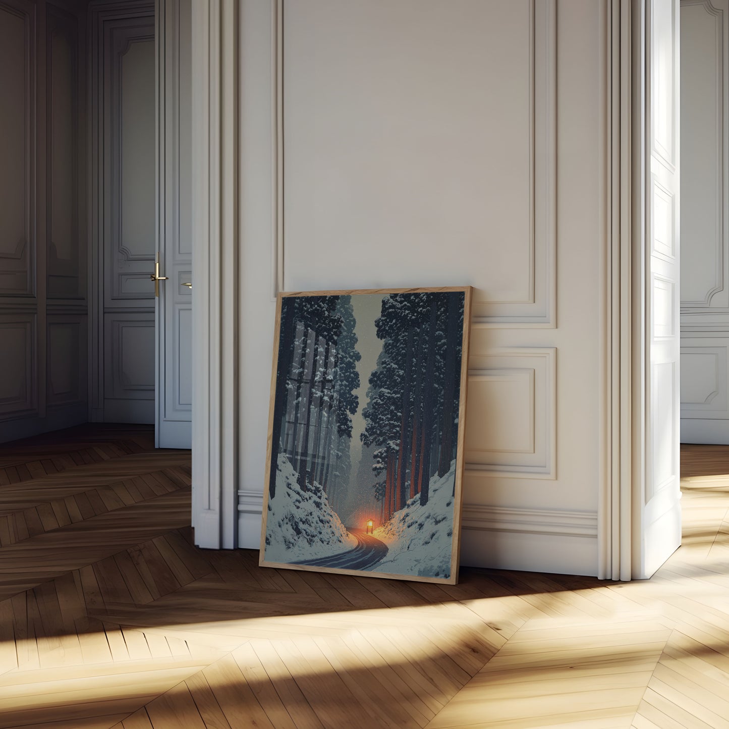 Sentiero della Foresta Invernale con Luce Poster