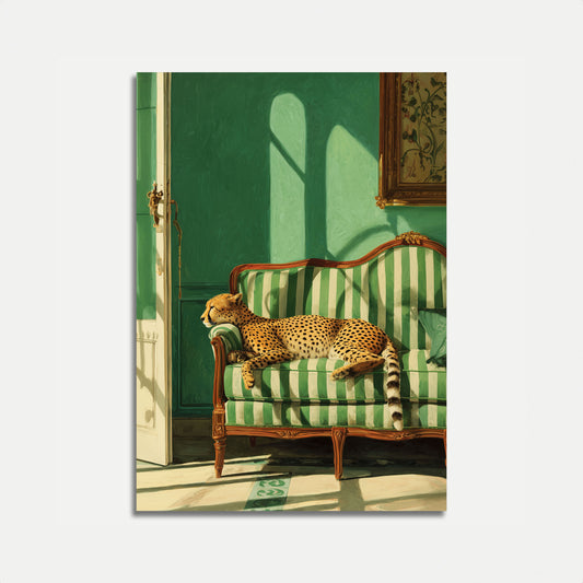 Elegant Cheetah on Striped Sofa Poster