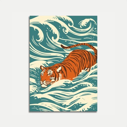 Tiger Swimming in Ocean Waves Poster