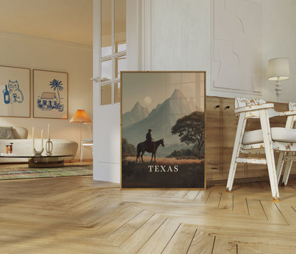 Póster de paisaje texano de vaquero solitario