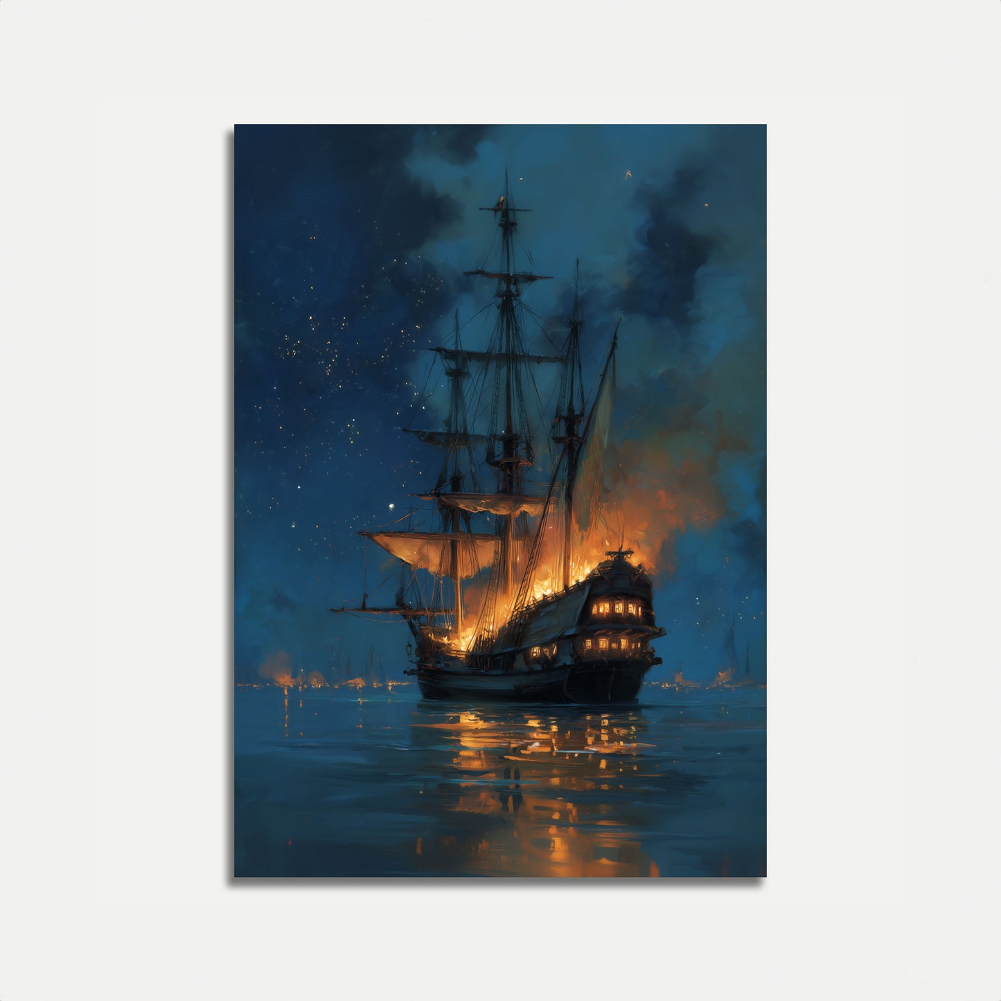Burning Pirate Ship Night Poster