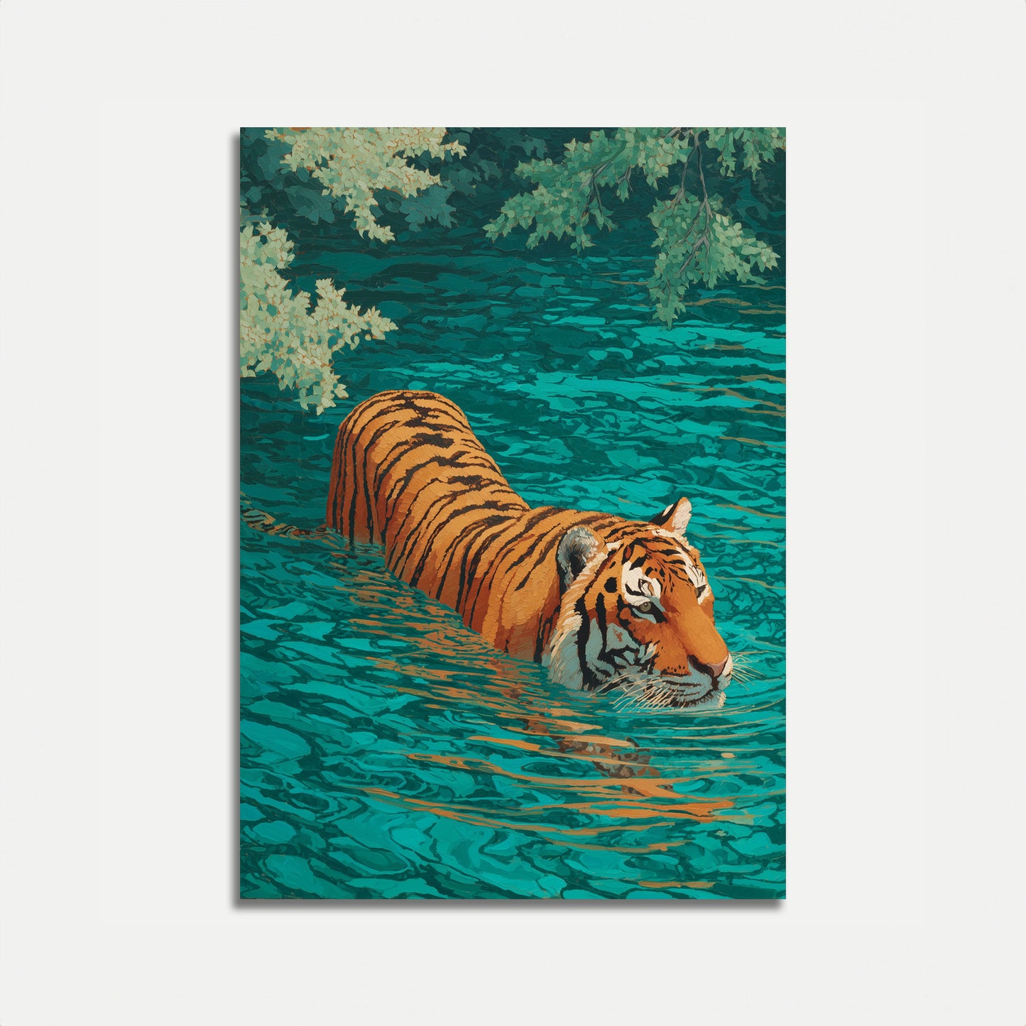 Poster della Tigre che Nuota in Acqua Turchese