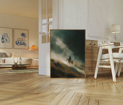 Lone Rider Through Misty Landscape Poster