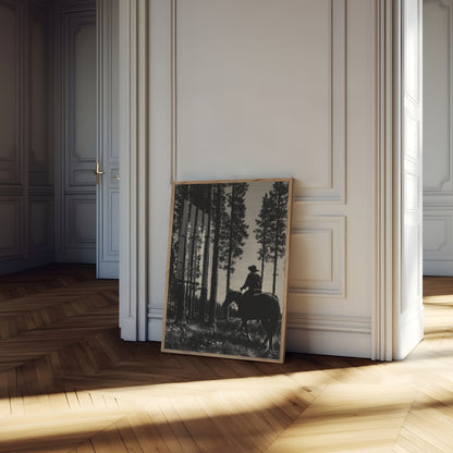 Lone Rider Through Pine Forest Poster
