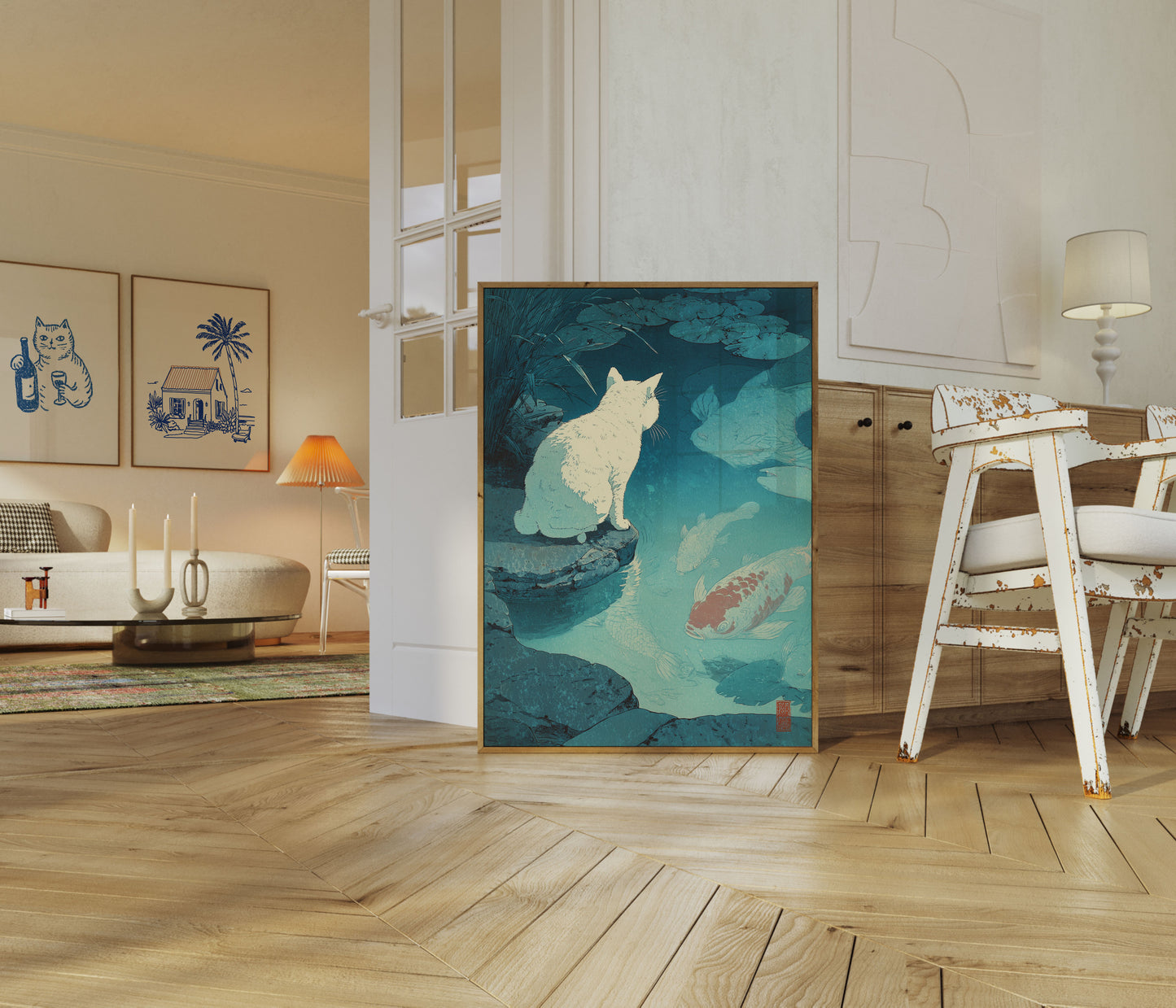 Hvid kat ved dammen plakat