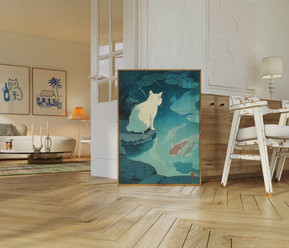 Hvid kat ved dammen plakat