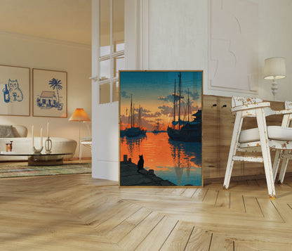 Kat ser sejlbåde ved solnedgang plakat