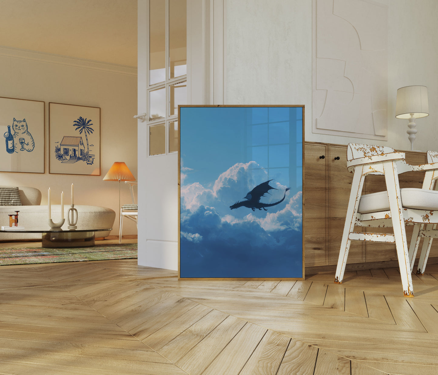 Póster de vuelo celestial del dragón místico