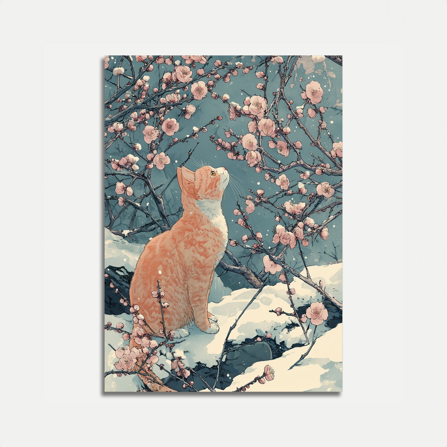 Poster del Gatto Rosso Tra i Fiori di Ciliegio