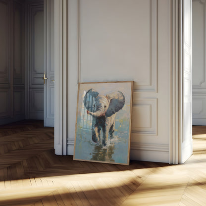 Affiche Jeune Éléphant Pataugeant dans les Eaux