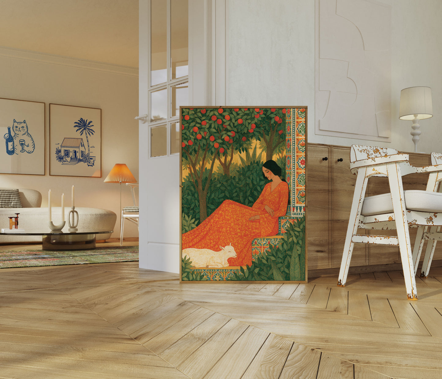 Frau im Garten mit Ziege Poster