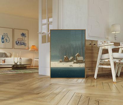 Snowy Lakeside Winter Cabin Poster