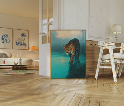 Jaguar Wading Through Turquoise Waters Poster