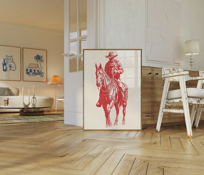 Roter Cowboy, der Pferd reitet – Poster