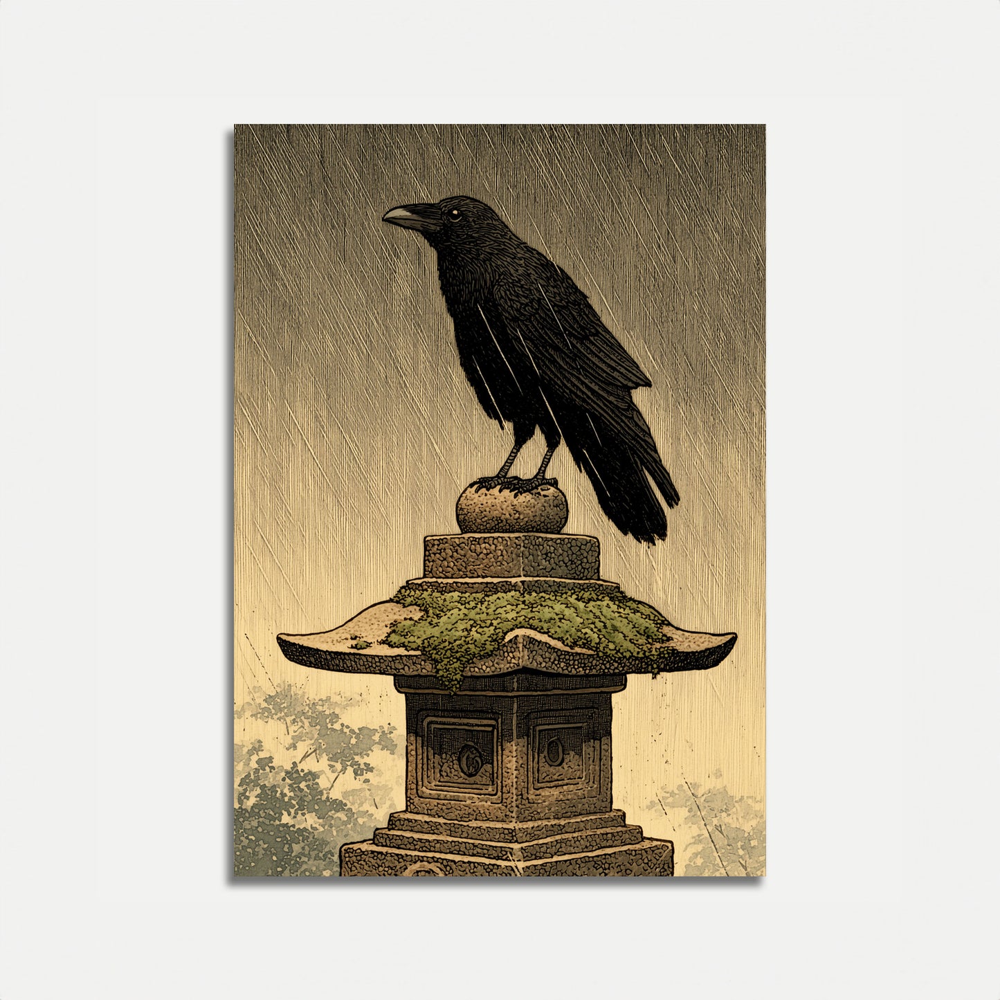Póster de Cuervo en Pedestal de Piedra