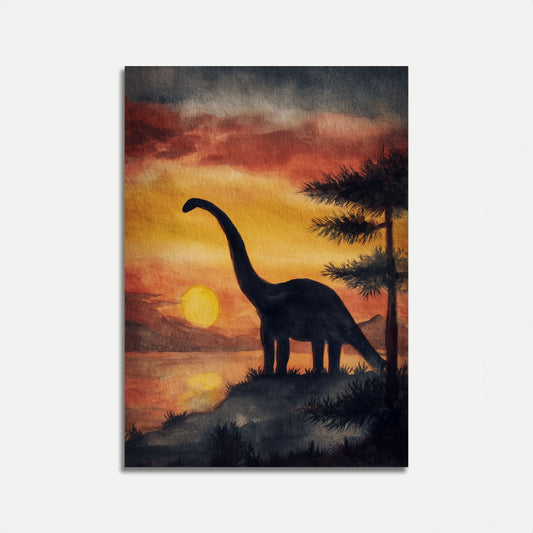 Póster de dinosaurios al atardecer en la naturaleza