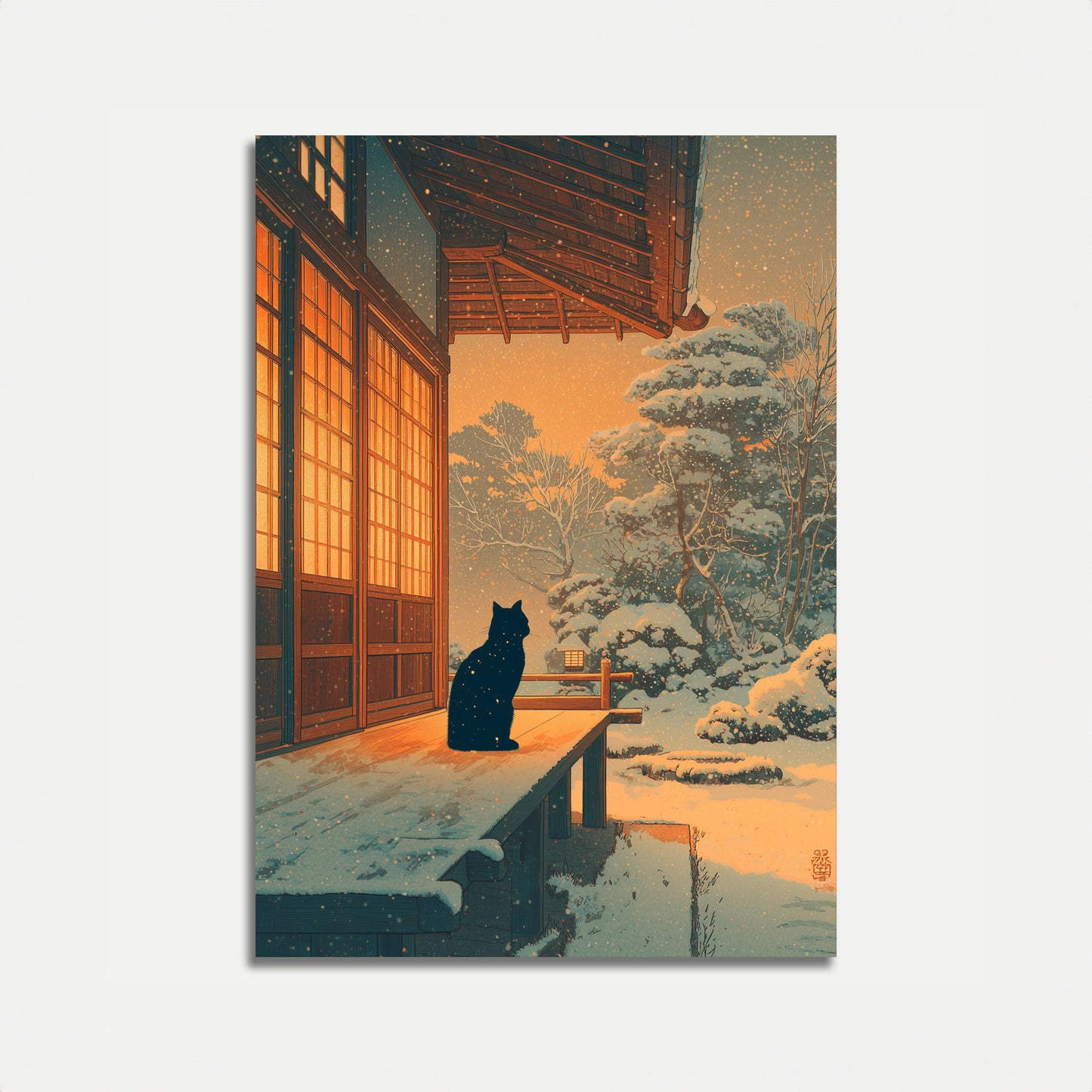 Black Cat Winter Night Poster